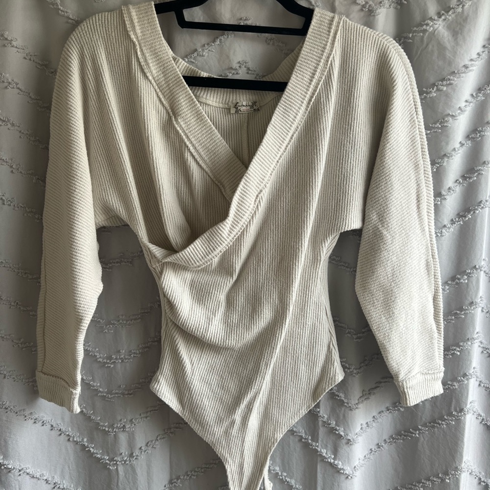 Cream Free People Ribbed Bodysuit